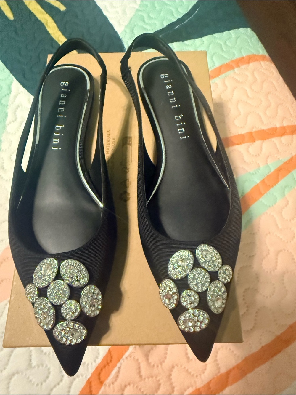 Gianni Bini Black Pointed Slingback Flats with Crystal Cluster Accents